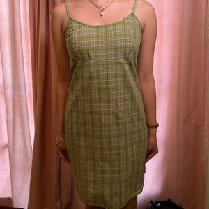 Green plaid mini dress with bow